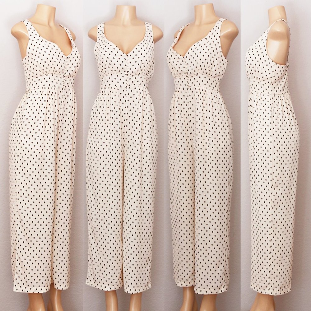 NEW Ivory Polka Dot Buttons Pocket Crop Jumpsuit - Picture 8 of 10